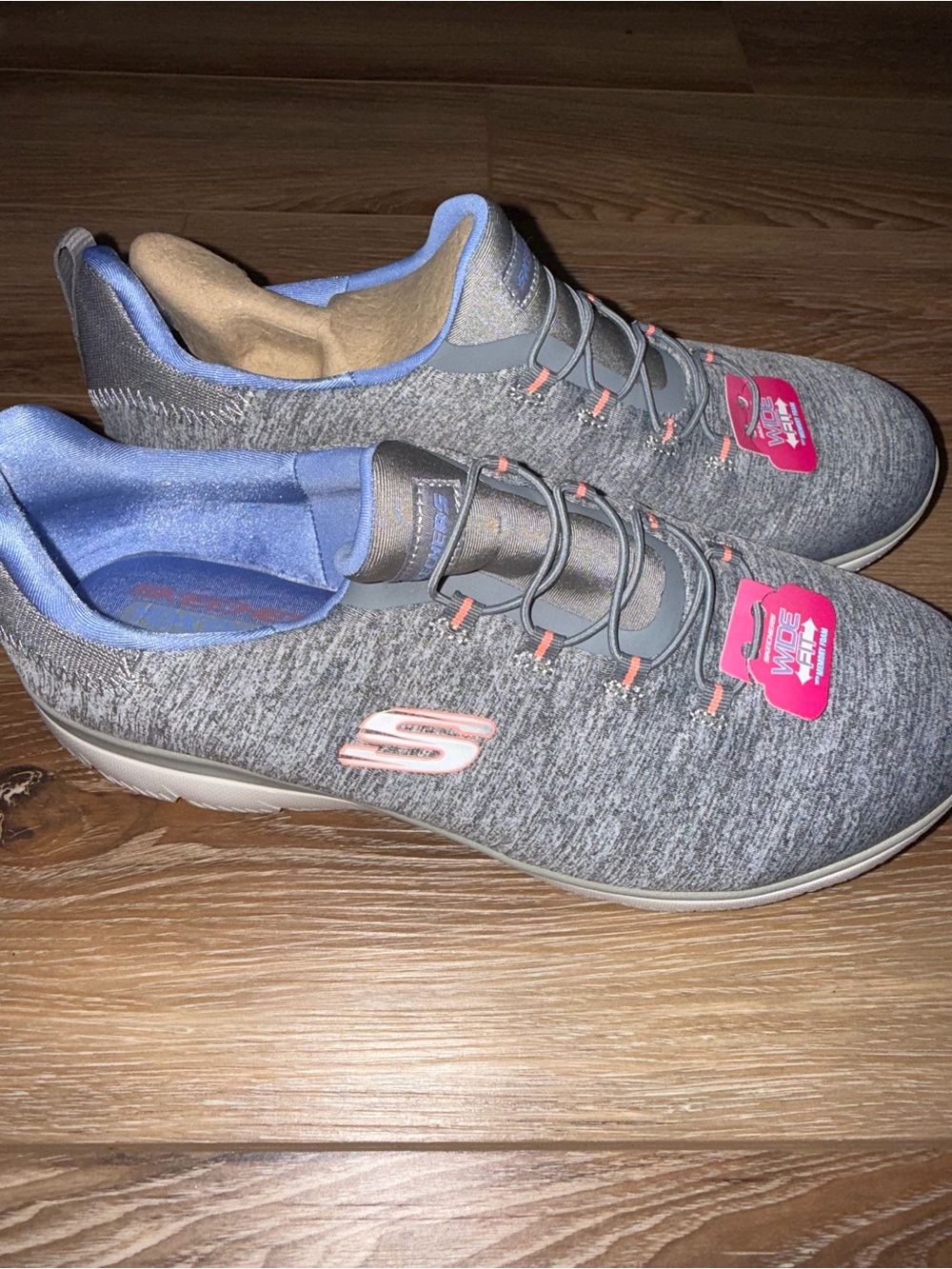 Skechers Women’s Gray Knit Slip-On Sneakers with Pink Accents WIDE FIT